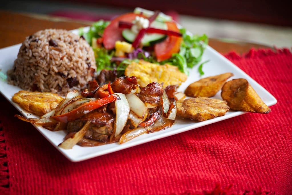 Plato de comida caribeña con arroz y ensalada